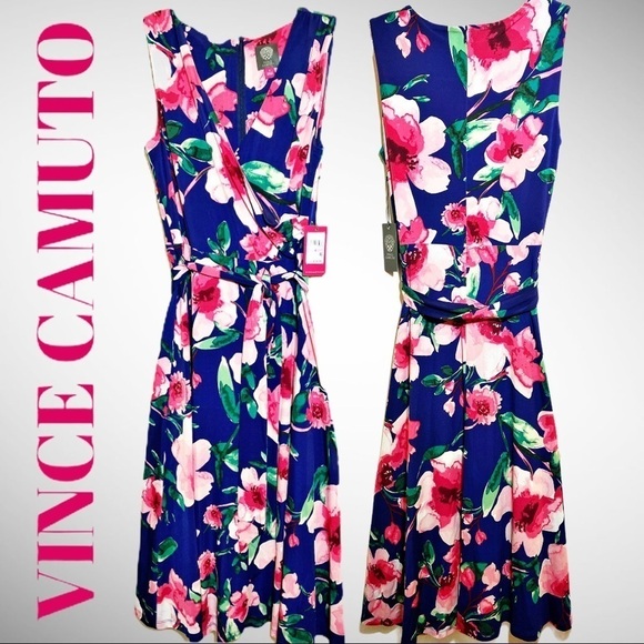 NWT VINCE CAMUTO Floral Faux Wrap Belted Dress, Size 6 - Picture 1 of 8
